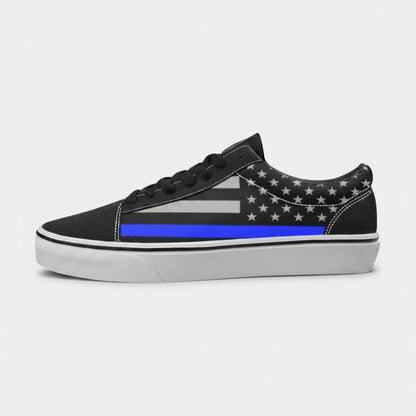 Freaky Shoes® men's low-top canvas skateboarding shoes featuring a black and grey Thin Blue Line American flag print.