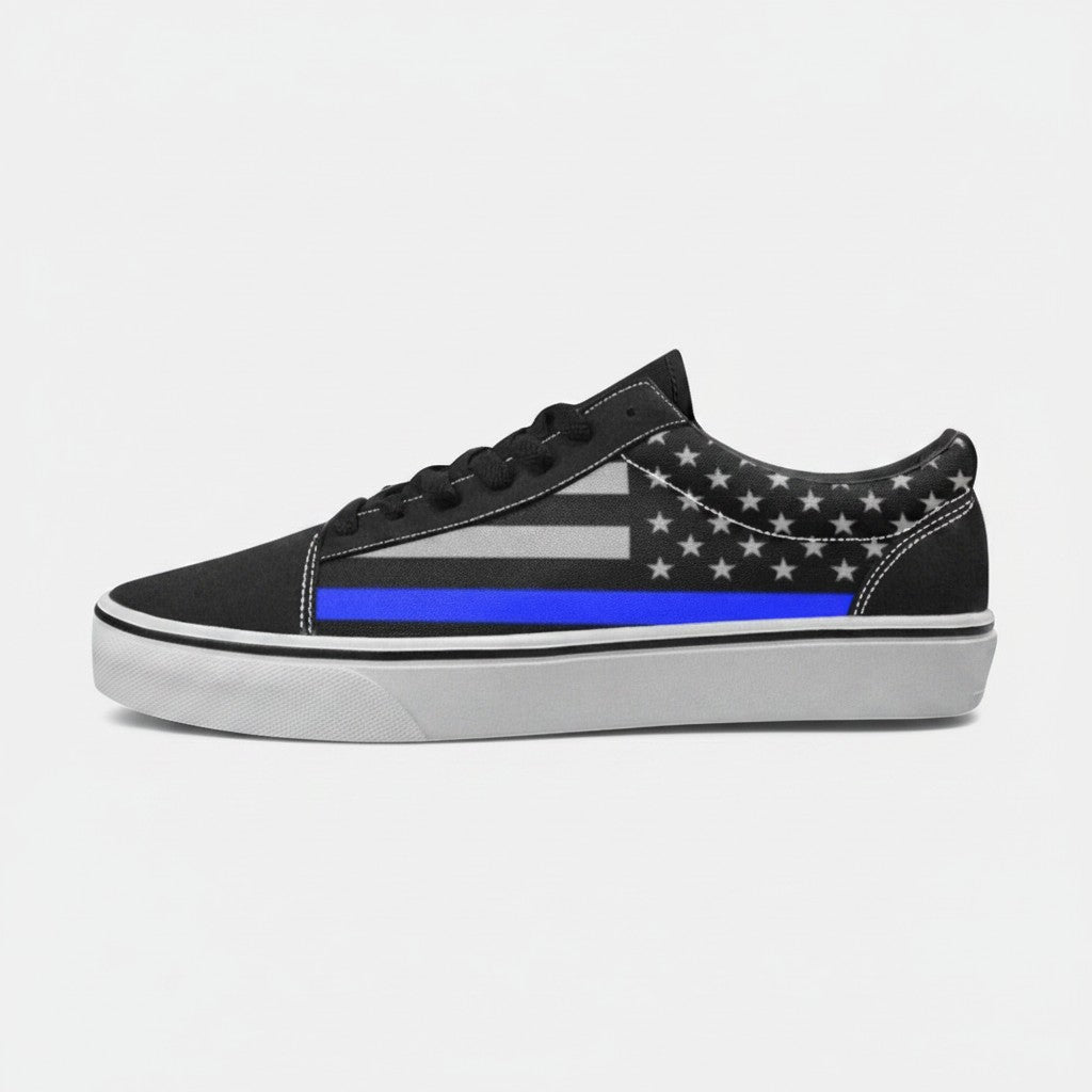 Freaky Shoes® women's low-top canvas skate shoes featuring a black and white American flag with a thin blue line.