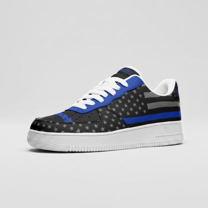 Freaky Shoes® low-top leather sneakers featuring a Thin Blue Line flag print with stars and a bold blue stripe.