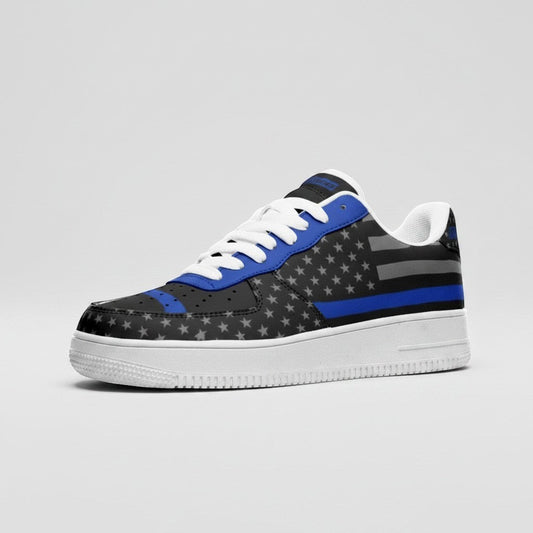 Freaky Shoes® low-top leather sneakers featuring a Thin Blue Line flag print with stars and a bold blue stripe.