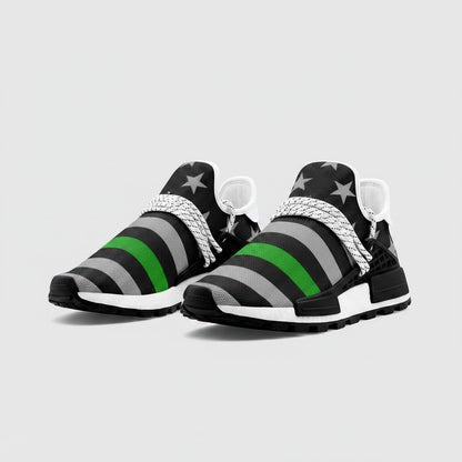 Freaky Shoes® Thin Green Line flag high-top canvas sneakers with black, grey, and green stripes and star accents.