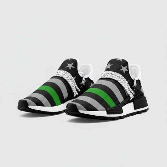 Freaky Shoes® Thin Green Line flag high-top canvas sneakers with black, grey, and green stripes and star accents.