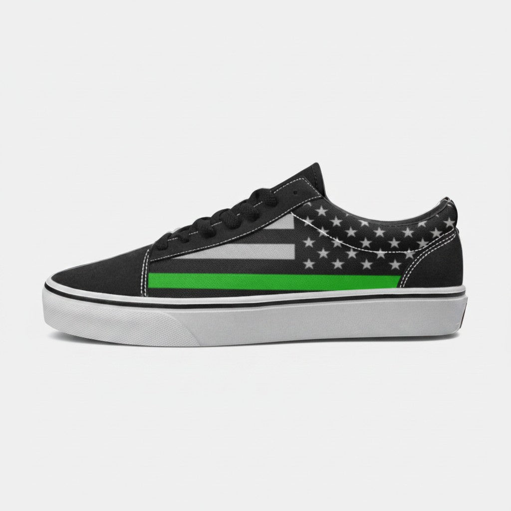 Freaky Shoes® women's low-top canvas sneakers featuring a black and white American flag with a thin green line design.