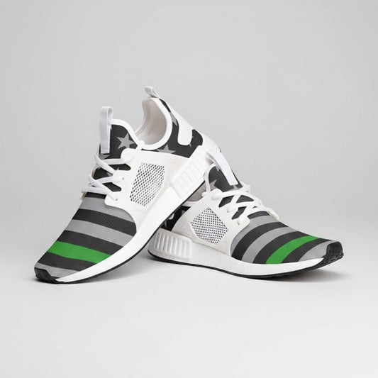 Freaky Shoes® high-top canvas sneakers featuring a grey and black striped flag pattern with a thin green line accent.