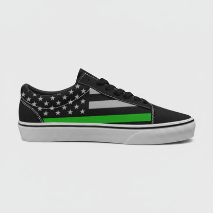 Freaky Shoes® men's low-top canvas skateboarding sneakers featuring a black, grey, and green American flag design.
