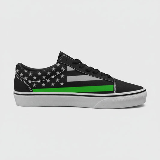 Freaky Shoes® men's low-top canvas skateboarding sneakers featuring a black, grey, and green American flag design.