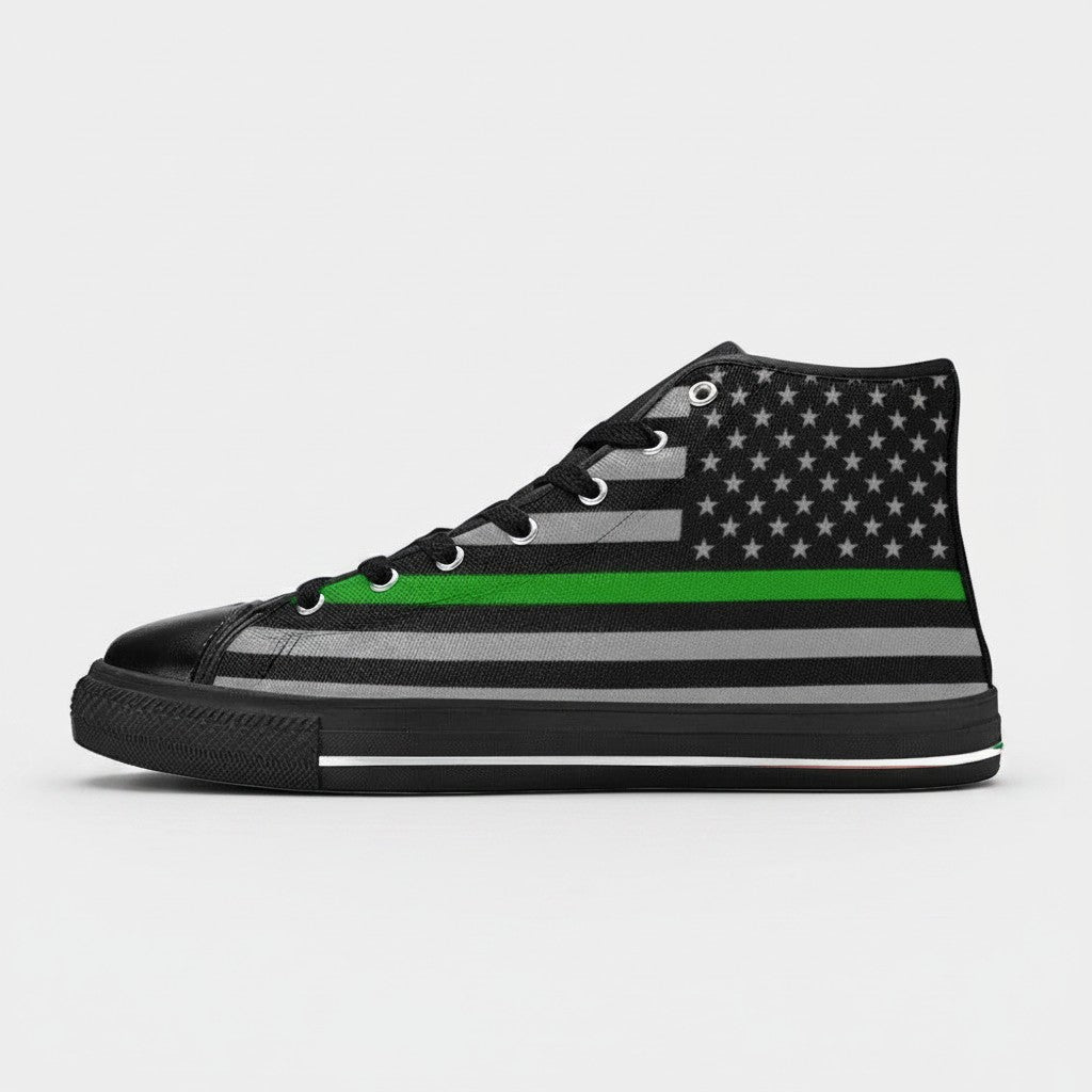 Freaky Shoes® women's high-top canvas sneakers featuring a black and grey American flag with a thin green line design.