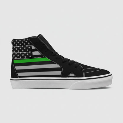 Freaky Shoes® men's high-top canvas skateboarding sneakers featuring a black, grey, and green Thin Green Line flag.