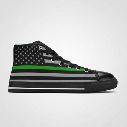 Freaky Shoes® high-top canvas sneakers featuring a grey and black American flag design with a thin green line stripe.
