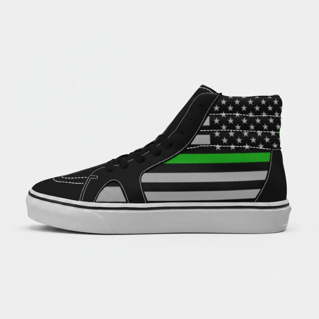 Freaky Shoes® women's high-top canvas skateboarding sneakers featuring a black and grey Thin Green Line flag print.