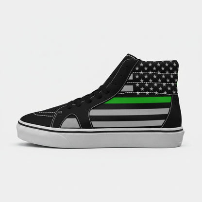 Freaky Shoes® women's high-top canvas skateboarding sneakers featuring a black and grey Thin Green Line flag print.