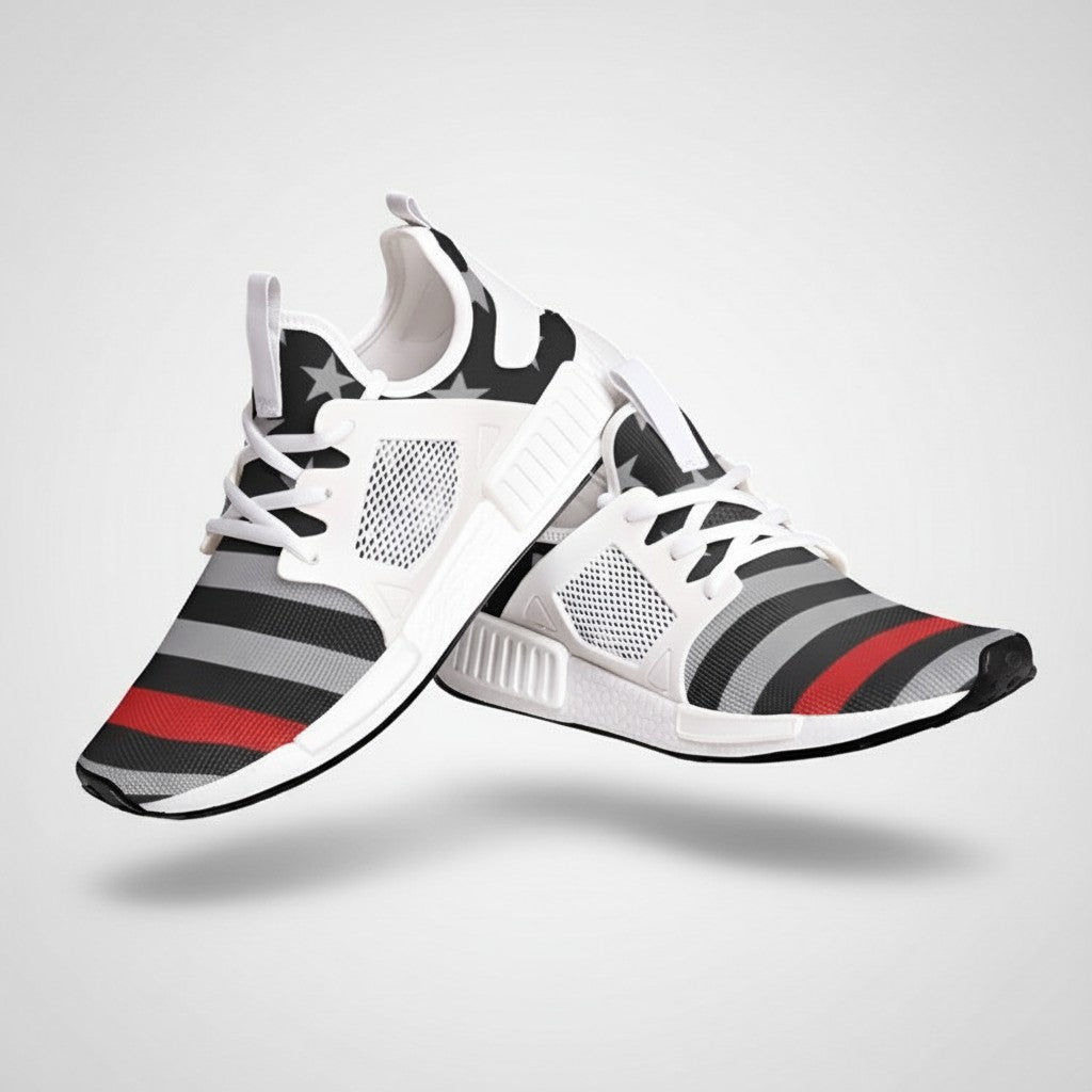 Freaky Shoes® high-top canvas sneakers featuring a Thin Red Line flag pattern with white mesh and lace-up closure.