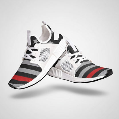 Freaky Shoes® high-top canvas sneakers featuring a Thin Red Line flag pattern with white mesh and lace-up closure.