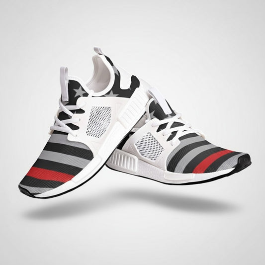 Freaky Shoes® high-top canvas sneakers featuring a Thin Red Line flag pattern with white mesh and lace-up closure.