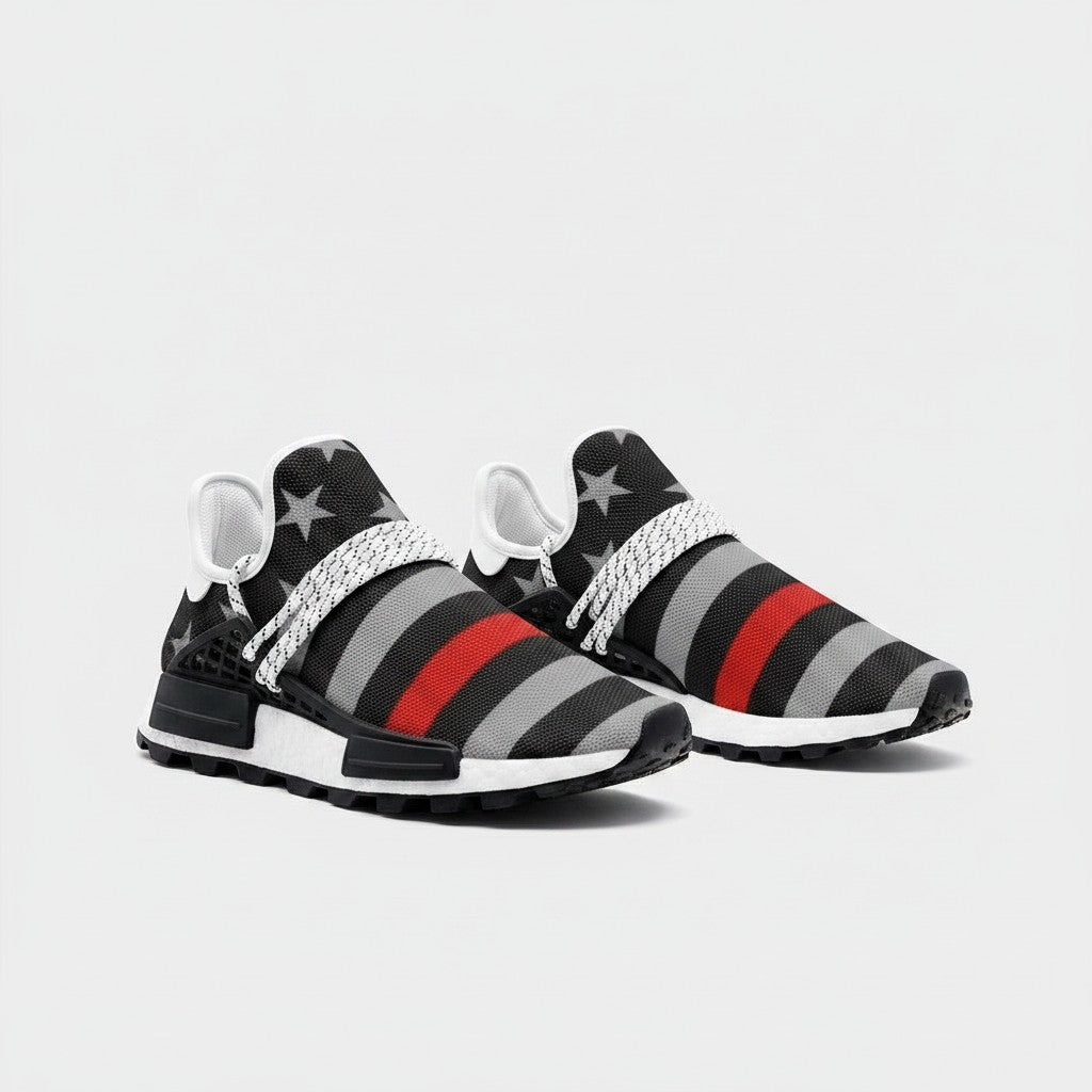Freaky Shoes® Thin Red Line flag high-top canvas sneakers with grey stars and stripes and white lace-up closure.