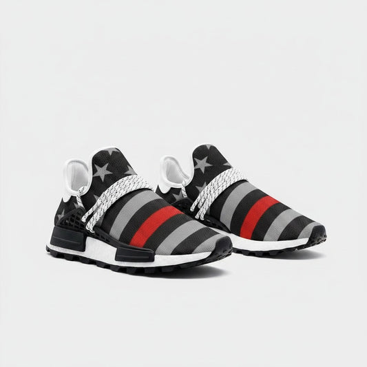 Freaky Shoes® Thin Red Line flag high-top canvas sneakers with grey stars and stripes and white lace-up closure.