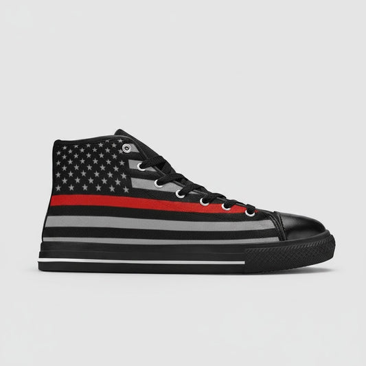 Freaky Shoes® women's high-top canvas sneakers featuring a black and grey American flag design with a thin red line.