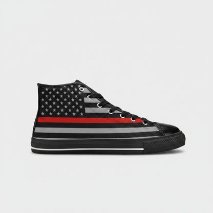 Freaky Shoes® men's high-top canvas sneakers featuring a black and grey American flag design with a thin red line.