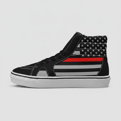 Freaky Shoes® high-top canvas skateboarding shoes featuring a black and grey American flag with a thin red line