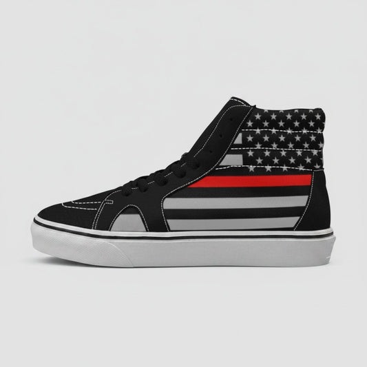 Freaky Shoes® high-top canvas skateboarding shoes featuring a black and grey American flag with a thin red line