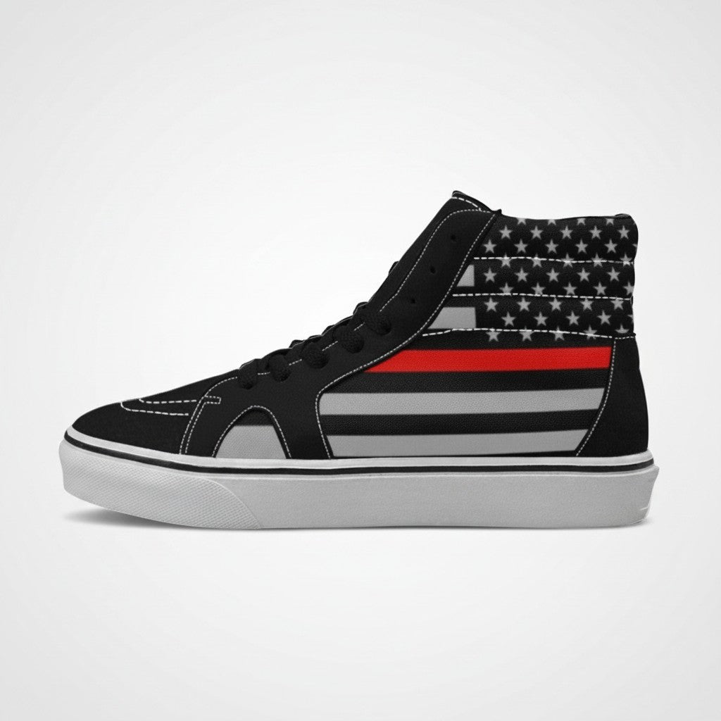 Freaky Shoes® women's high-top canvas skateboarding shoes featuring a black and grey Thin Red Line flag design.