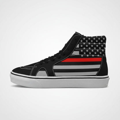 Freaky Shoes® women's high-top canvas skateboarding shoes featuring a black and grey Thin Red Line flag design.