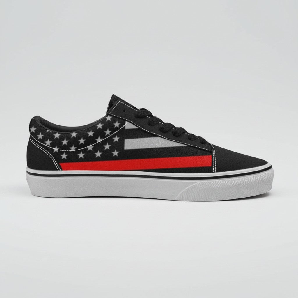 Freaky Shoes® women's low-top canvas skate shoes featuring a black, white, and red Thin Red Line flag design.