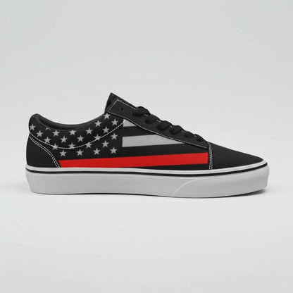 Freaky Shoes® women's low-top canvas skate shoes featuring a black, white, and red Thin Red Line flag design.