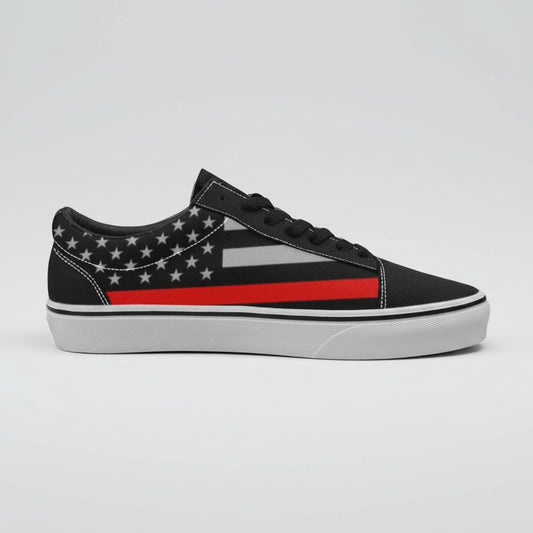 Freaky Shoes® women's low-top canvas skate shoes featuring a black, white, and red Thin Red Line flag design.