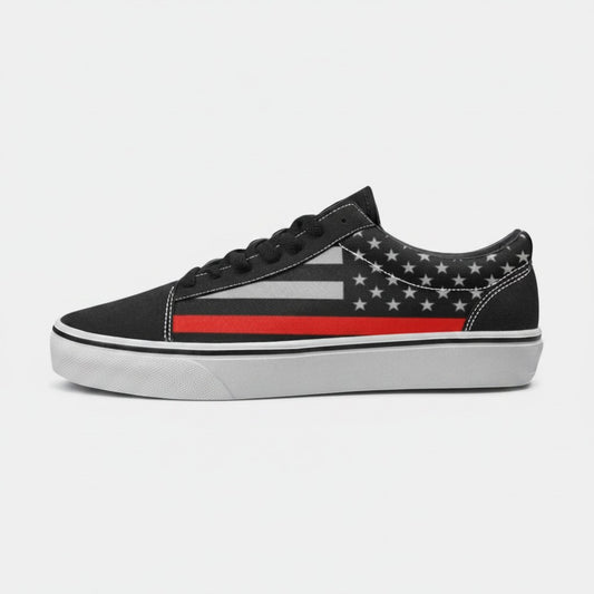 Freaky Shoes® men's low-top canvas skateboarding shoes featuring a black, white, and red Thin Red Line flag design.