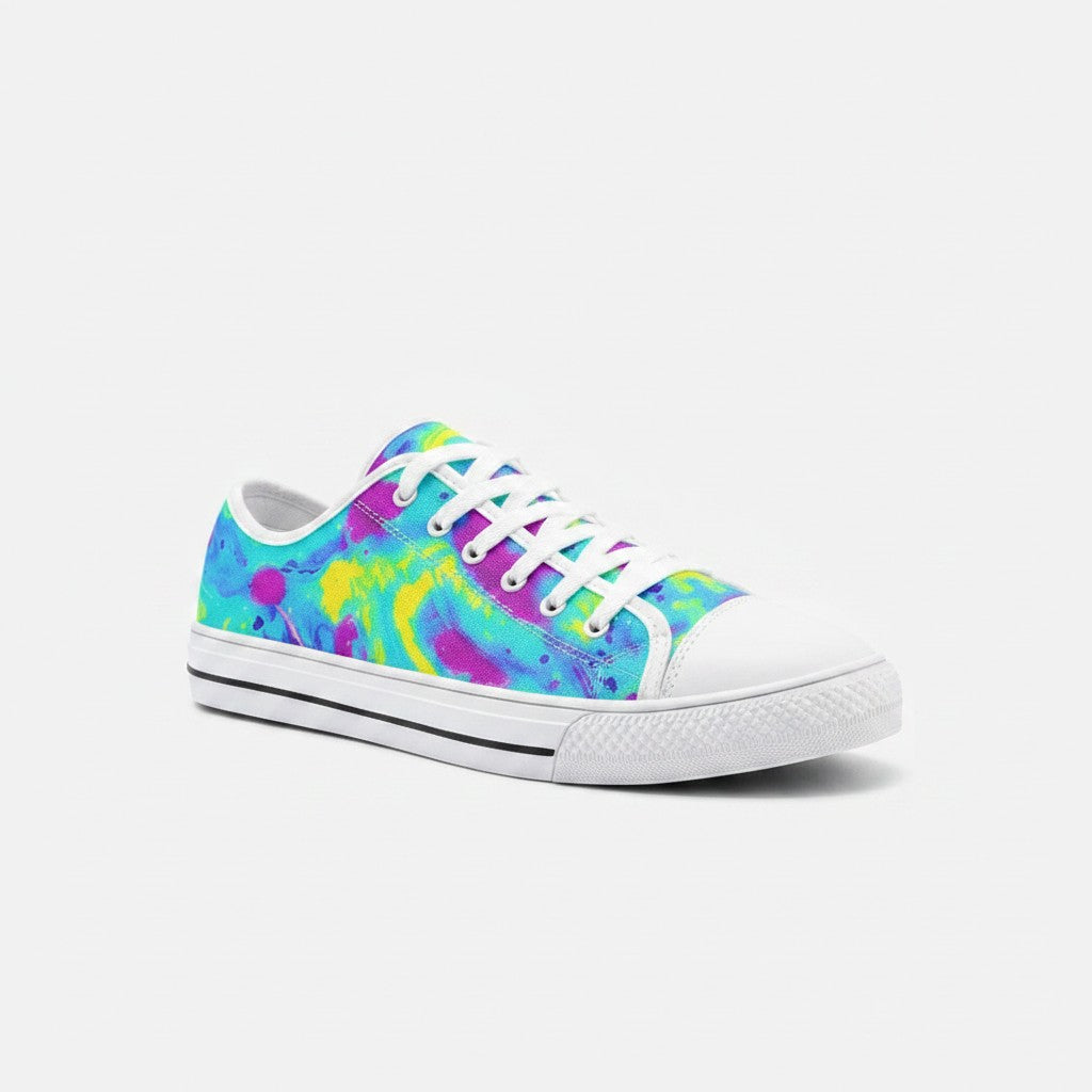 Freaky Shoes® tie dye canvas sneakers with vibrant blue, yellow, and purple abstract patterns and white rubber soles.