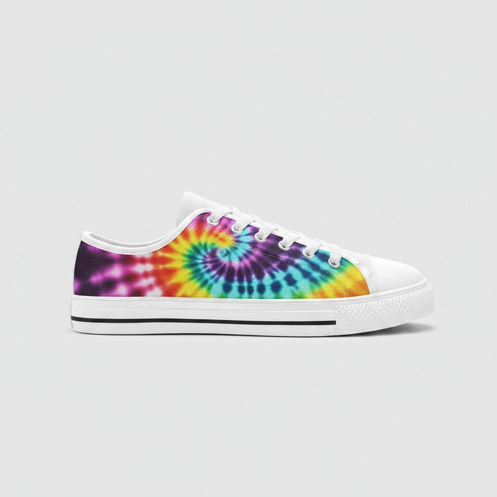 Freaky Shoes® women's low-top canvas sneakers featuring a vibrant, multi-colored spiral tie-dye pattern.