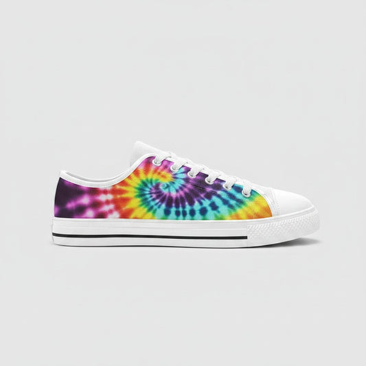 Freaky Shoes® women's low-top canvas sneakers featuring a vibrant, multi-colored spiral tie-dye pattern.