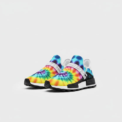 Freaky Shoes® tie dye high-top canvas sneakers with vibrant blue, yellow, and purple spiral patterns and black soles.