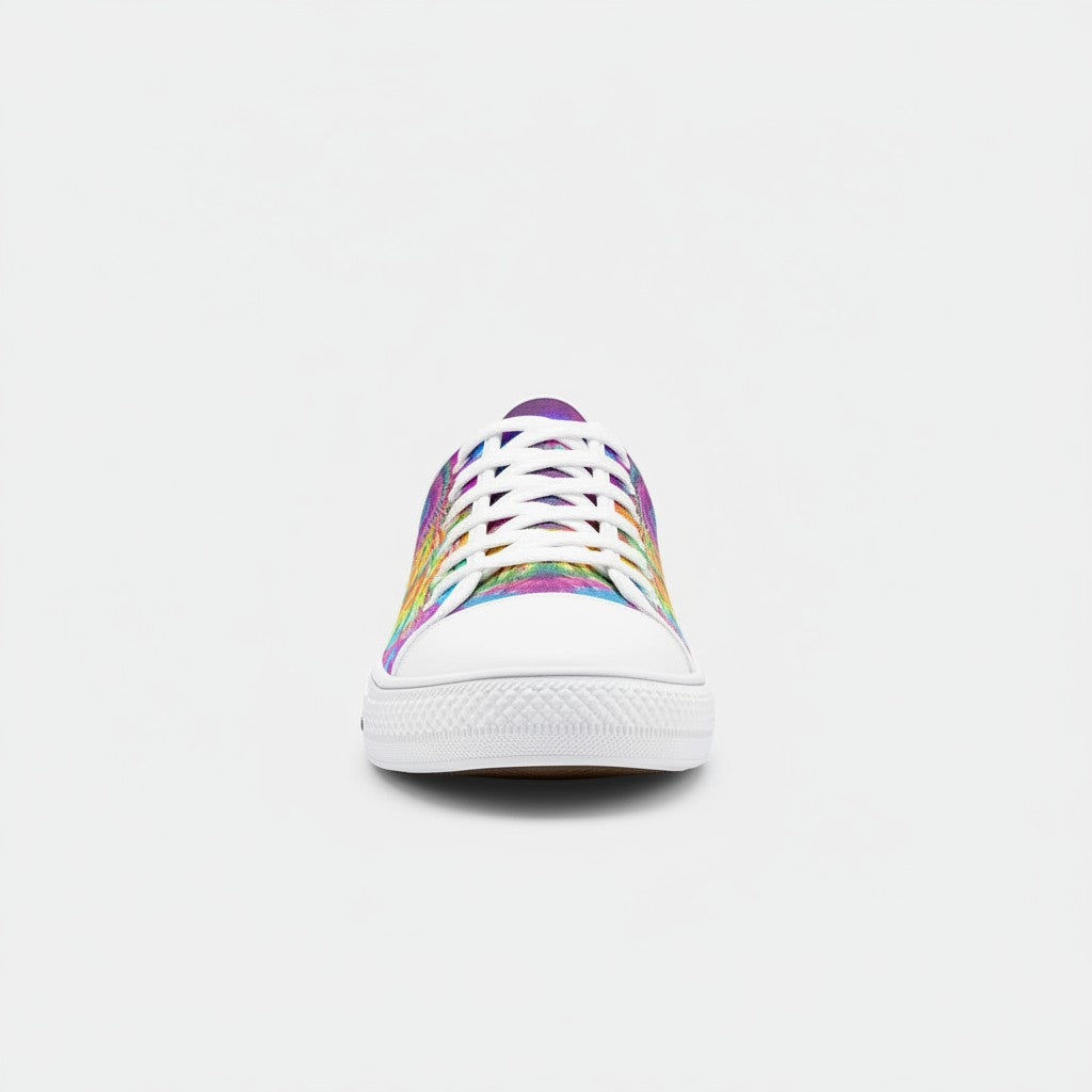 Freaky Shoes® low-top canvas sneakers featuring a vibrant, multi-coloured tie-dye shatter pattern and white toe cap.