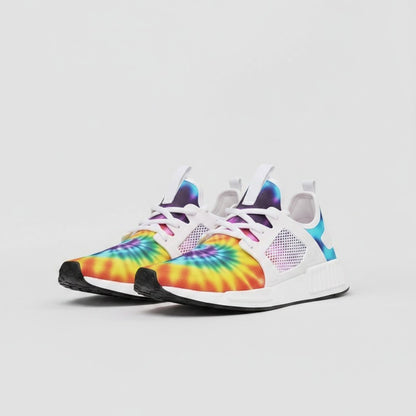 Freaky Shoes® high-top canvas sneakers featuring a vibrant rainbow tie-dye pattern on breathable white mesh fabric.