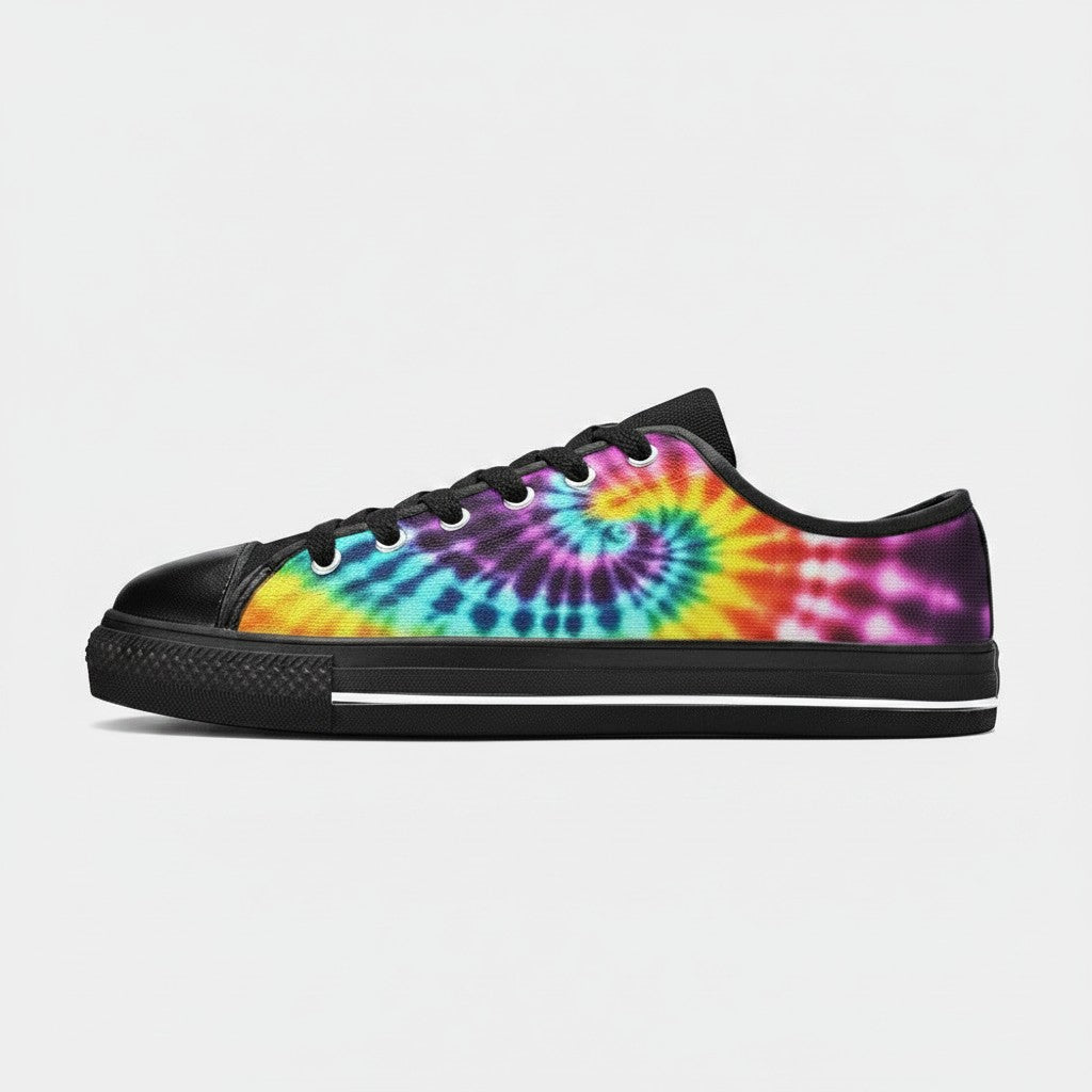 Freaky Shoes® men's low-top canvas sneakers featuring a vibrant multi-color spiral tie-dye pattern and black trim.