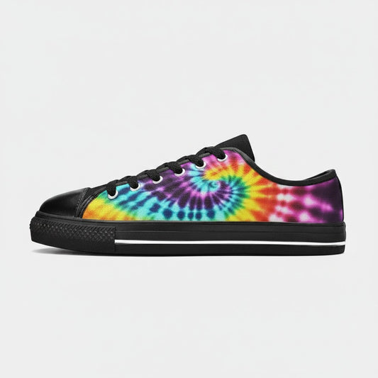 Freaky Shoes® men's low-top canvas sneakers featuring a vibrant multi-color spiral tie-dye pattern and black trim.