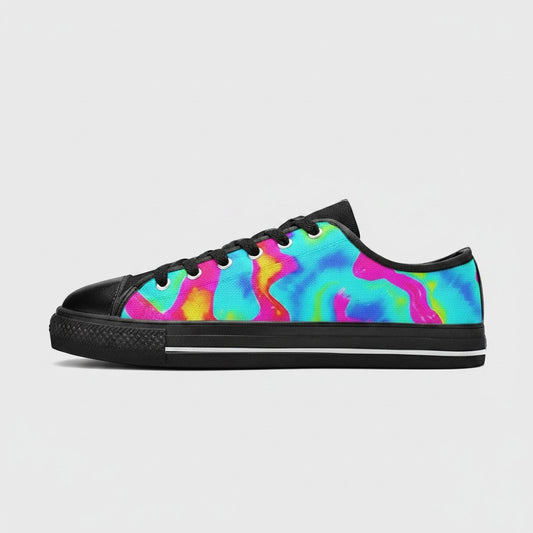 Freaky Shoes® men's low-top canvas sneakers featuring a vibrant neon tie-dye splash pattern and black rubber soles.