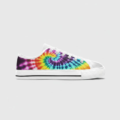 Freaky Shoes® men's low-top canvas sneakers featuring a vibrant multi-colored spiral tie-dye pattern
