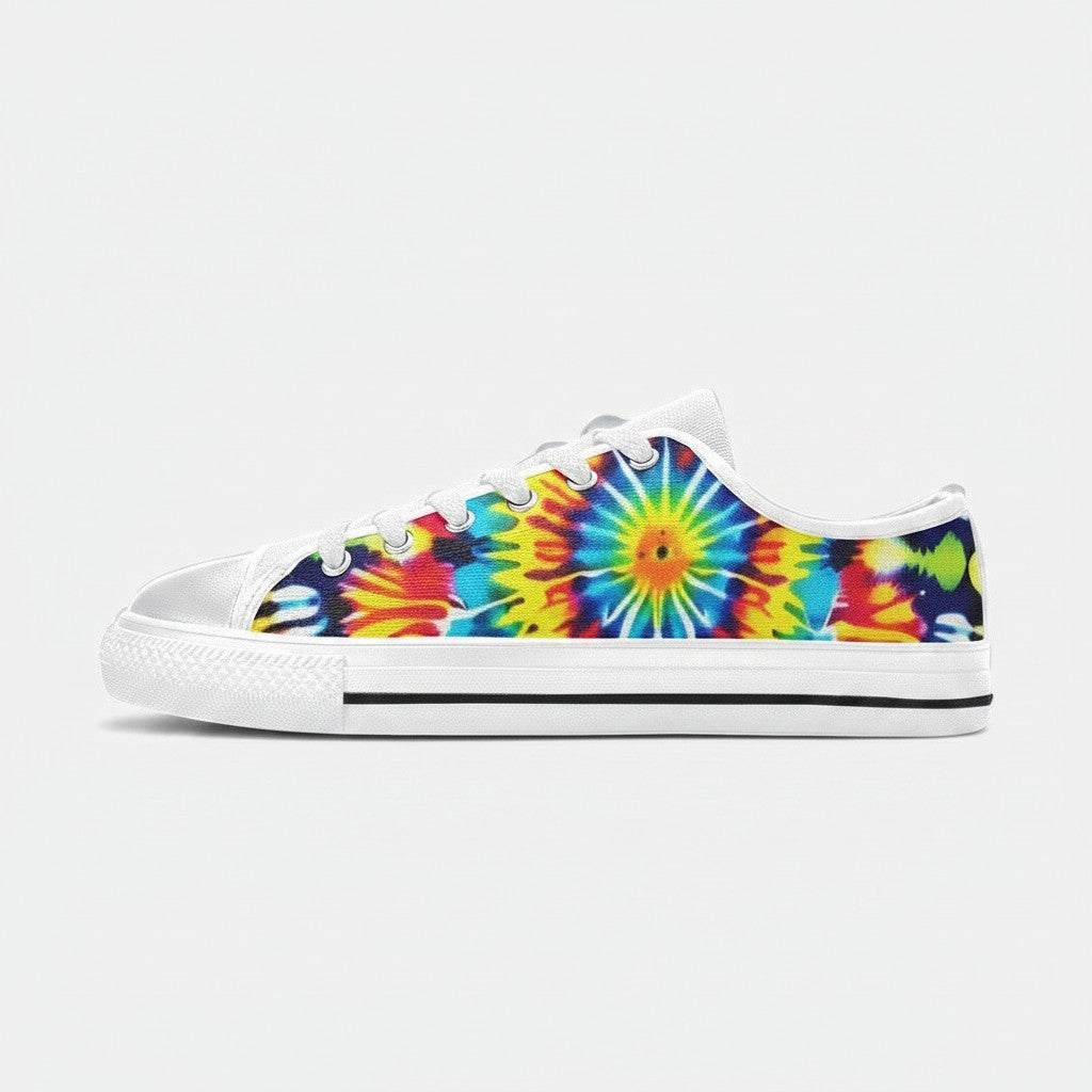 Freaky Shoes® men's low-top canvas sneakers featuring a vibrant multi-colored tie-dye art print and white soles.