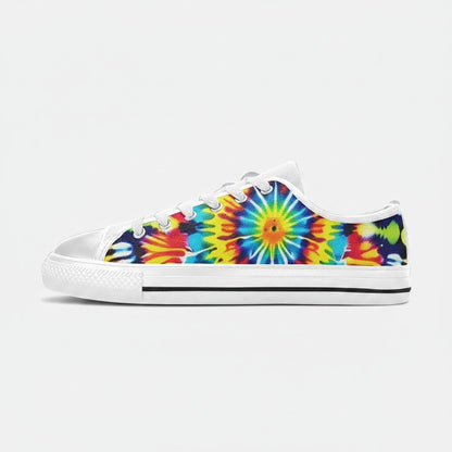 Freaky Shoes® men's low-top canvas sneakers featuring a vibrant multi-colored tie-dye art print and white soles.