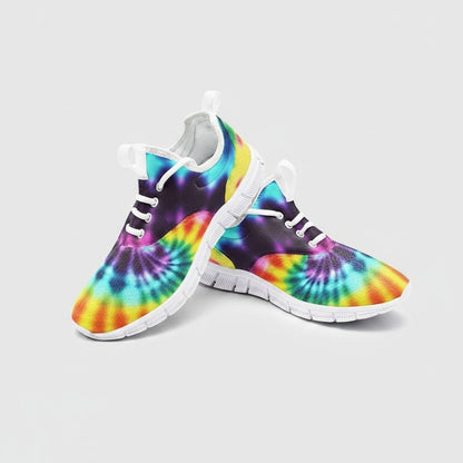 Freaky Shoes® tie dye high-top canvas sneakers with a vibrant, multi-colored spiral pattern and white laces.
