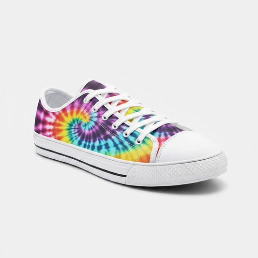 Freaky Shoes® low-top canvas sneakers featuring a vibrant multi-colored spiral tie-dye pattern and white laces.