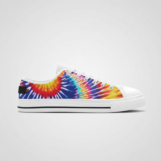 Freaky Shoes® men's low-top canvas sneakers featuring a vibrant multi-color tie-dye splash pattern and white soles.
