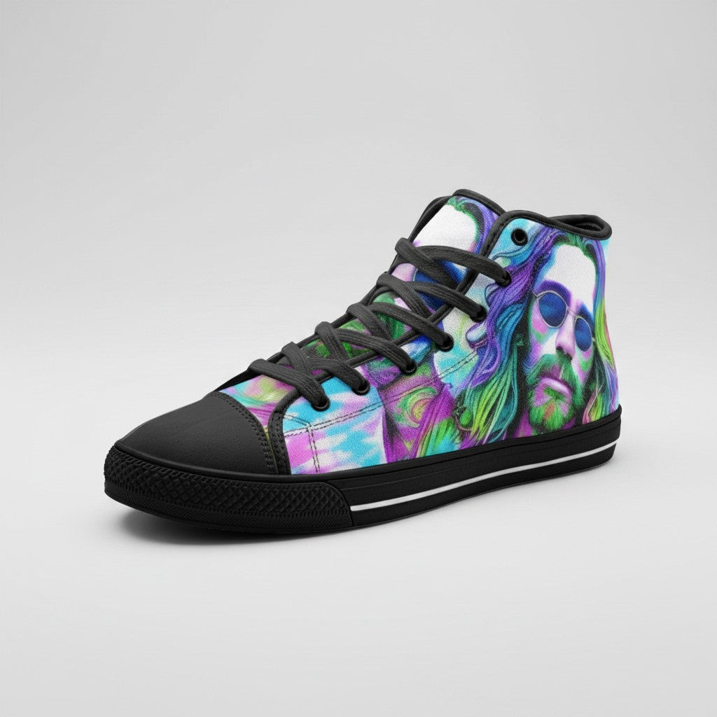 Freaky Shoes® Tie Dye Dude high-top canvas sneakers featuring a vibrant, artistic portrait print and black laces.