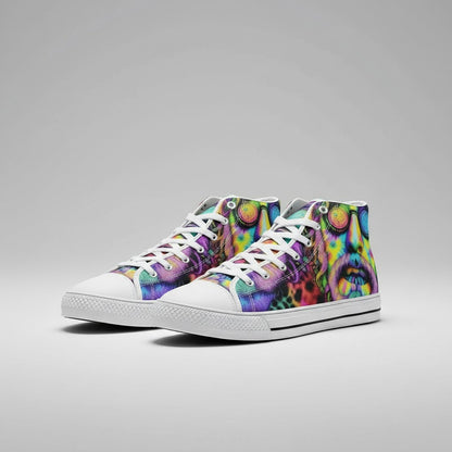Freaky Shoes® Tie Dye Guy high-top canvas sneakers featuring a vibrant, colorful psychedelic portrait print.