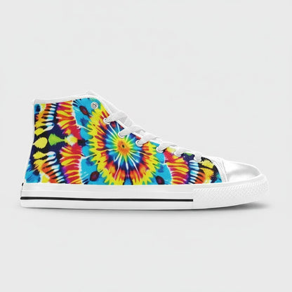 Freaky Shoes® men's high-top canvas sneakers featuring a vibrant multi-colored tie-dye spiral art print.