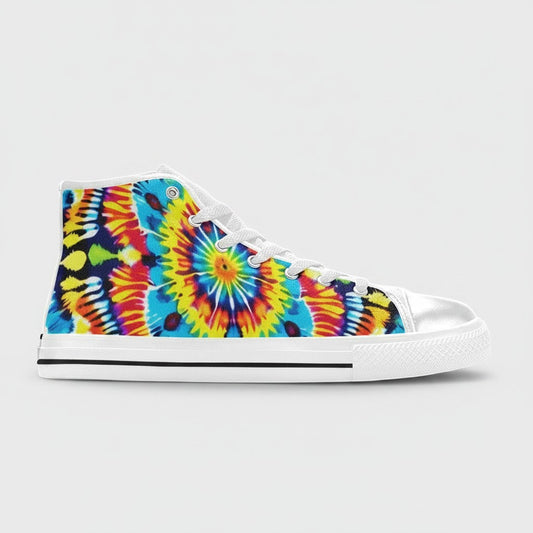 Freaky Shoes® men's high-top canvas sneakers featuring a vibrant multi-colored tie-dye spiral art print.