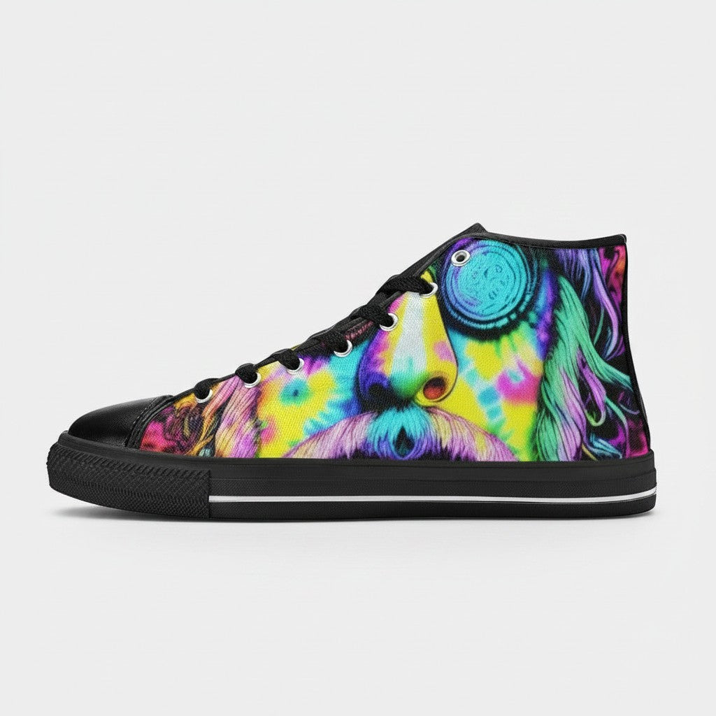 Freaky Shoes® men's high-top canvas sneakers featuring a vibrant, multi-colored tie-dye artistic print.